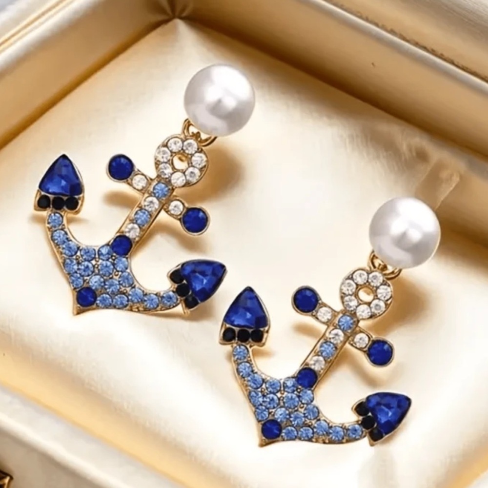 Faux Pearl and Blue Rhinestone Anchor Earrings